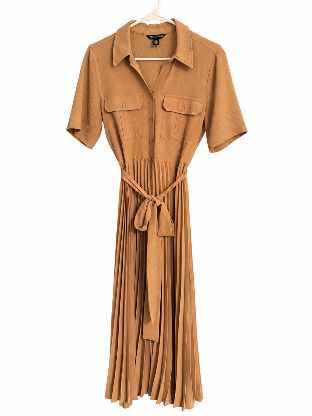 Nina Leonard Tan Pleated Button Front Belted Midi Shirt Dress M - Picture 3 of 6
